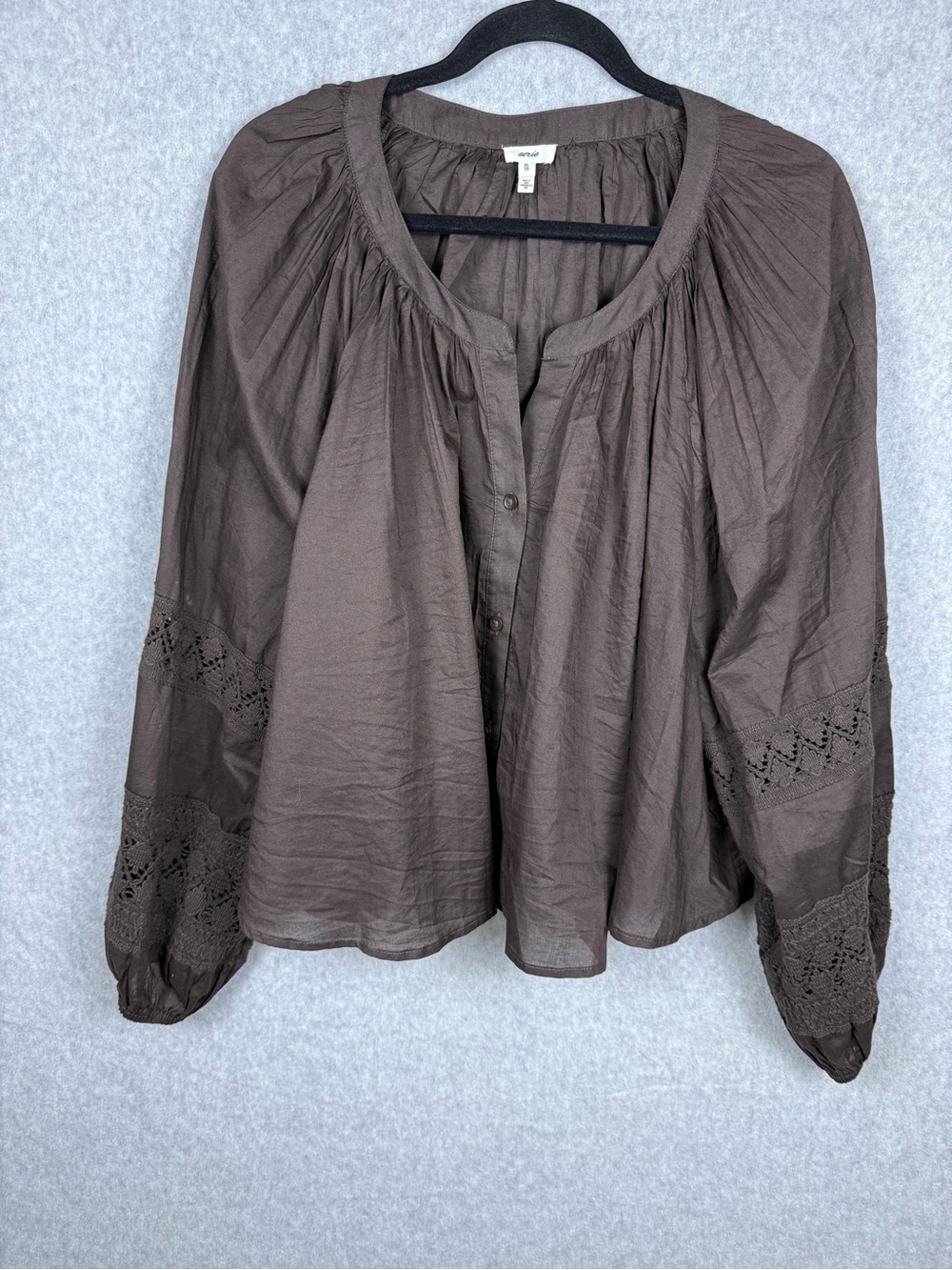 Aerie Brown Boho Peasant Blouse XL Crochet Lace Coquette Romantic Whimsy Goth - Picture 2 of 8